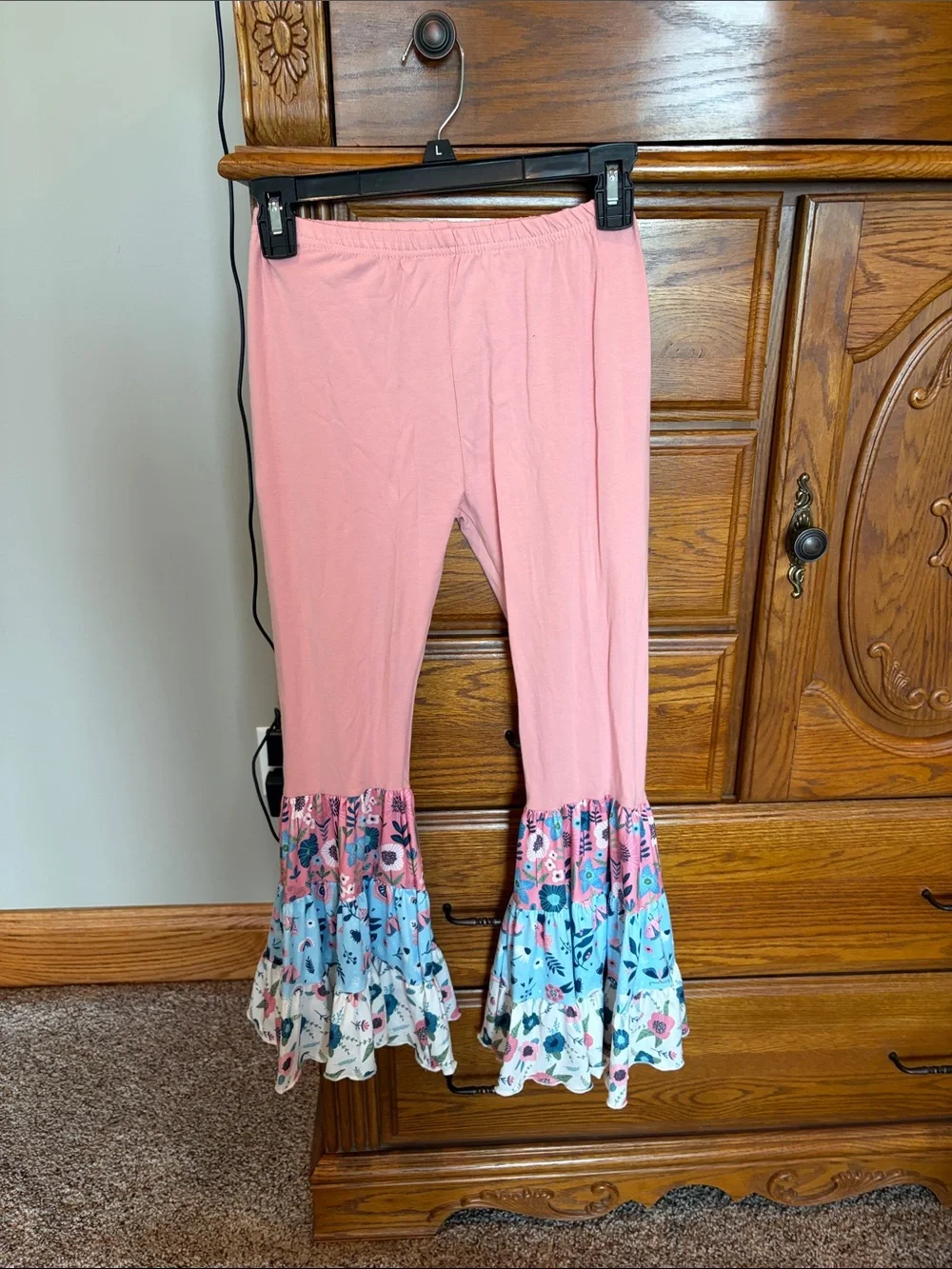 Girls' Floral Ruffle Matching Set in Pink - Long Sleeve Top & Tiered Pants